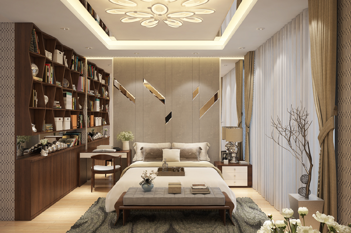 Hình ảnh phòng ngủ có góc làm việc với bàn ghế gỗ, giá sách gắn tường màu gỗ tối