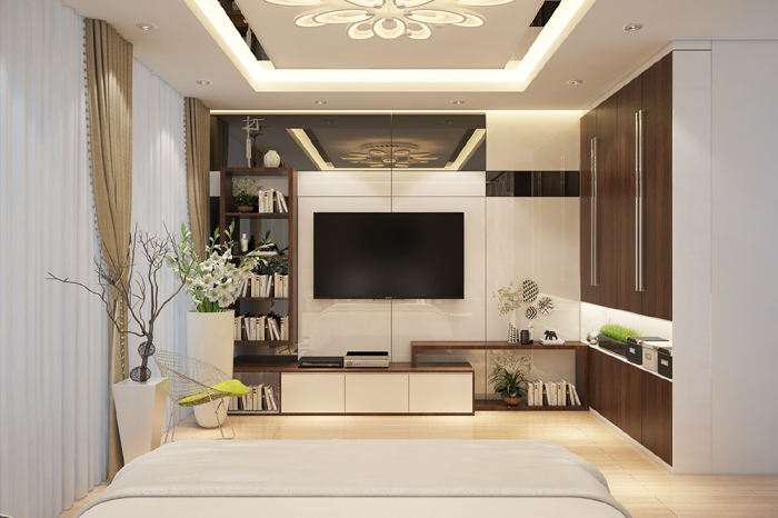 Hình ảnh một góc tủ kệ tivi và tủ quần áo trong phòng ngủ