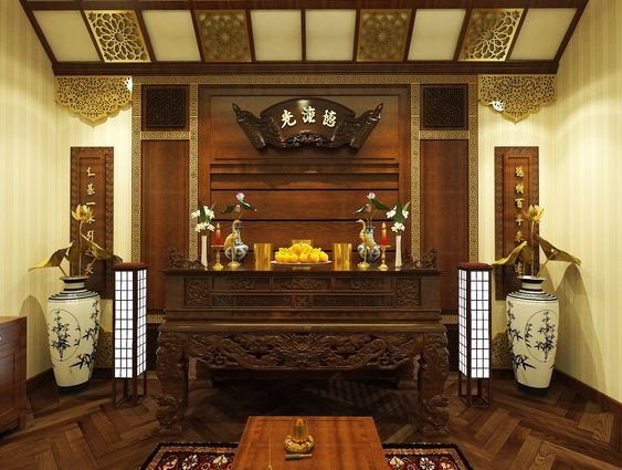 H&igrave;nh ảnh to&agrave;n cảnh ph&ograve;ng thờ nh&agrave; cấp 4 m&aacute;i Th&aacute;i với nội thất gỗ chạm khắc tinh xảo, phụ kiện đối xứng