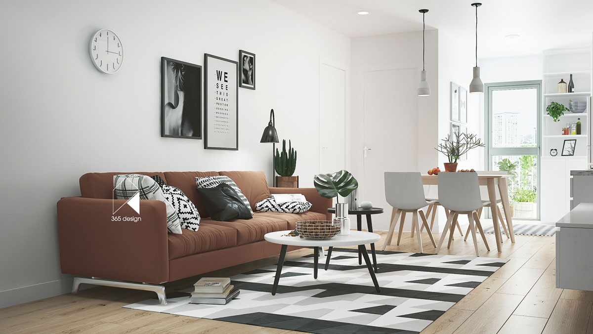 H&igrave;nh ảnh ph&ograve;ng kh&aacute;ch kết hợp kh&ocirc;ng gian ăn uống với sofa n&acirc;u, b&agrave;n tr&agrave; tr&ograve;n,thảm đen - trắng, đồng hồ v&agrave; tranh tường, cạnh đ&oacute; l&agrave; b&agrave;n ăn 4 người