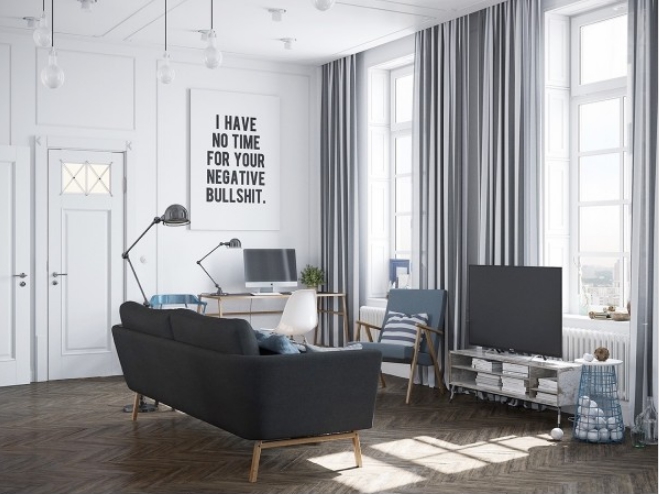 H&igrave;nh ảnh ph&ograve;ng kh&aacute;ch phong c&aacute;ch Bắc &Acirc;u với sofa đen, tranh chữ treo tường, gối tựa sọc ngang
