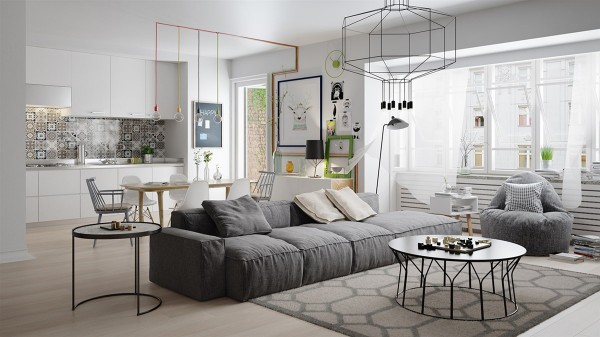 H&igrave;nh ảnh to&agrave;n cảnh ph&ograve;ng kh&aacute;ch m&agrave;u x&aacute;m với sofa lớn, đ&egrave;n ch&ugrave;m m&agrave;u đen