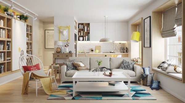 H&igrave;nh ảnh ph&ograve;ng kh&aacute;ch căn hộ Scandinavian với sofa x&aacute;m, điểm nhấn m&agrave;u xanh dương từ thảm trải, đ&egrave;n chụp, khung tranh m&agrave;u v&agrave;ng