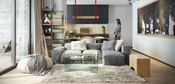 H&igrave;nh ảnh ph&ograve;ng kh&aacute;ch phong c&aacute;ch Bắc &Acirc;u hiện đại với sofa x&aacute;m, b&agrave;n tr&agrave; trong suốt đặt tr&ecirc;n thảm trải l&ocirc;ng mềm mại