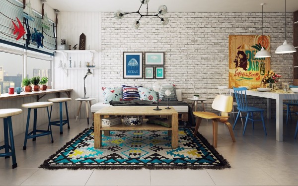 H&igrave;nh ảnh ph&ograve;ng kh&aacute;ch phong c&aacute;ch Bắc &Acirc;u ph&aacute; c&aacute;ch với thảm trải m&agrave;u sắc, tranh treo tường ấm &aacute;p, bộ chậu c&acirc;y rực rỡ