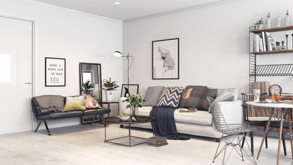 H&igrave;nh ảnh ph&ograve;ng kh&aacute;ch chuẩn phong c&aacute;ch Bắc &Acirc;u với sofa x&aacute;m, b&agrave;n tr&agrave; k&iacute;nh, tranh treo tường đen trắng, cạnh đ&oacute; l&agrave; ph&ograve;ng ăn