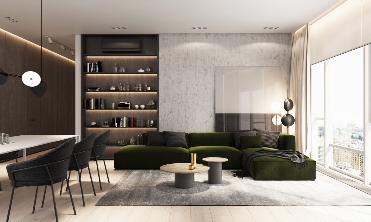 H&igrave;nh ảnh ph&ograve;ng kh&aacute;ch nổi bật với bộ ghế sofa m&agrave;u xanh r&ecirc;u, cạnh đ&oacute; l&agrave; ph&ograve;ng ăn