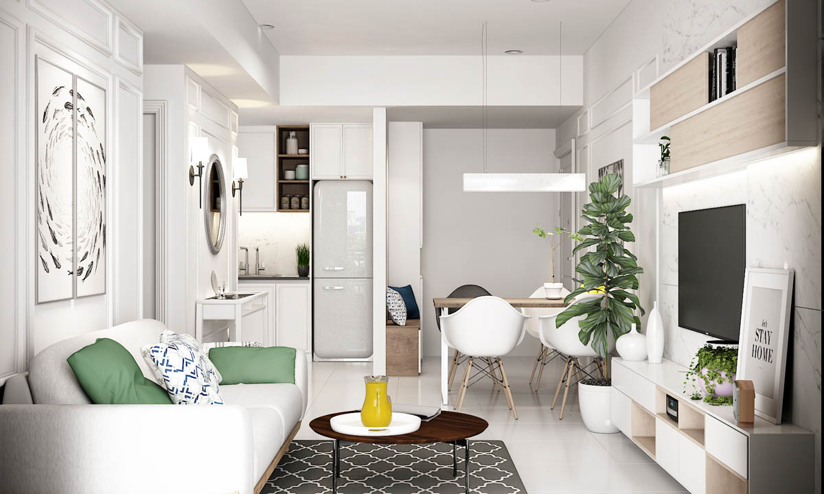 H&igrave;nh ảnh căn hộ nhỏ m&agrave;u trắng chủ đạo với điểm nhấn l&agrave; c&acirc;y xanh, gối tựa sofa