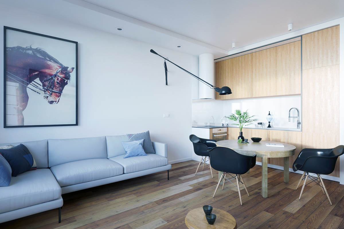H&igrave;nh ảnh mẫu ph&ograve;ng kh&aacute;ch kết hợp ph&ograve;ng ăn d&agrave;nh cho căn hộ studio nhỏ với ghế ăn m&agrave;u đen nổi bật