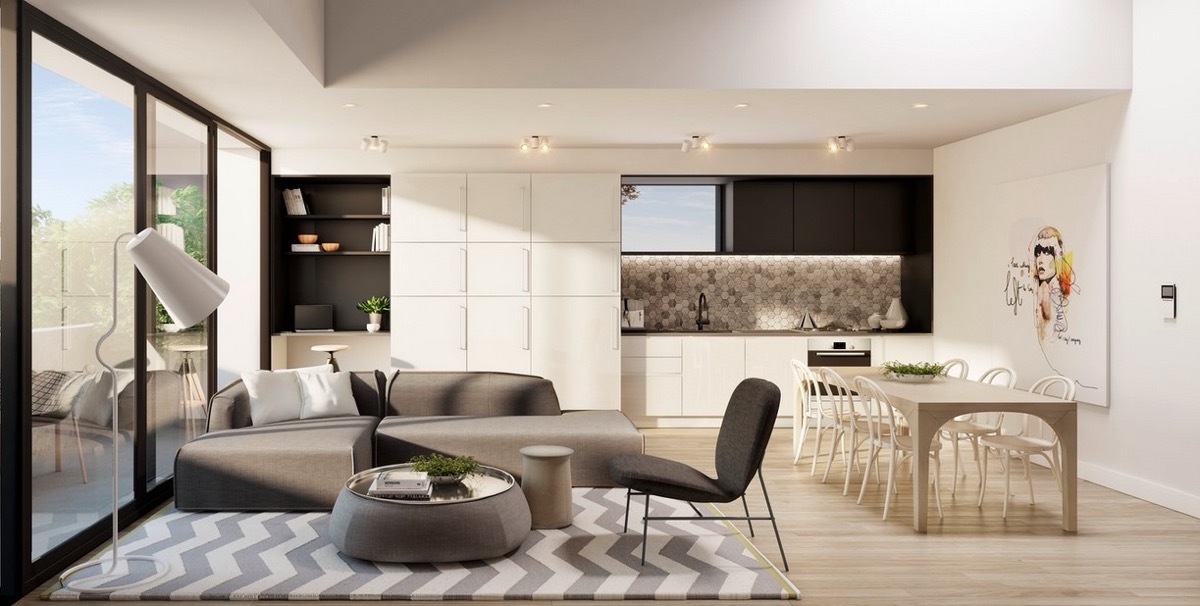 H&igrave;nh ảnh ph&ograve;ng kh&aacute;ch kết hơp ph&ograve;ng ăn với sofa x&aacute;m đặt tr&ecirc;n thảm trải, tranh tường độc đ&aacute;o