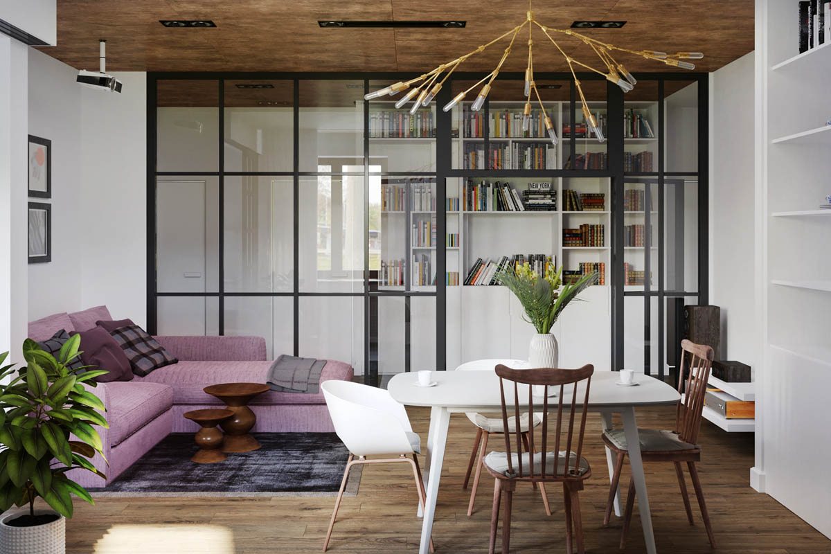 H&igrave;nh ảnh ph&ograve;ng kh&aacute;ch hiện đại với sofa m&agrave;u t&iacute;m nổi bật, cạnh đ&oacute; l&agrave; b&agrave;n ăn nhỏ xinh