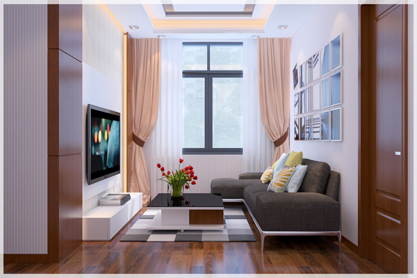 H&igrave;nh ảnh ph&ograve;ng sinh hoạt chung với sofa x&aacute;m, đối diện l&agrave; tủ kệ tivi, r&egrave;m cửa m&agrave;u hồng