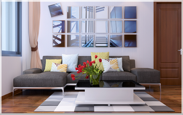 H&igrave;nh ảnh to&agrave;n cảnh ph&ograve;ng sinh hoạt gia đ&igrave;nh với sofa x&aacute;m, b&agrave;n tr&agrave; mặt meka đặt tr&ecirc;n thảm trải h&igrave;nh học
