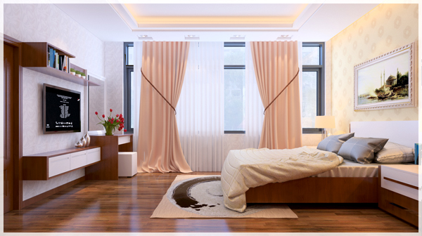 H&igrave;nh ảnh to&agrave;n cảnh ph&ograve;ng ngủ vip trong biệt thự với r&egrave;m cửa m&agrave;u hồng, tủ kệ tivi gọn đẹp