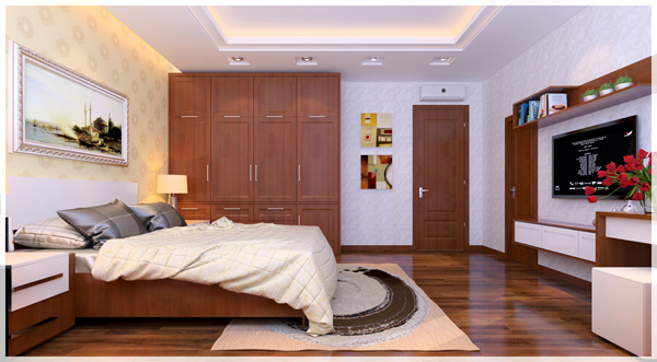 H&igrave;nh ảnh ph&ograve;ng ngủ VIP với giường nệm &ecirc;m &aacute;i, tủ quần &aacute;o gỗ cao kịch trần, tranh đầu giường, tủ kệ tivi