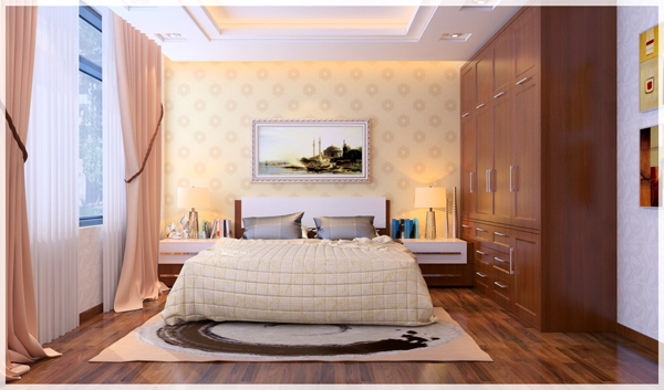 H&igrave;nh ảnh một g&oacute;c ph&ograve;ng ngủ VIP với giường nệm &ecirc;m &aacute;i, r&egrave;m cửa m&agrave;u hồng hai lớp, tranh tường, tủ đầu giường