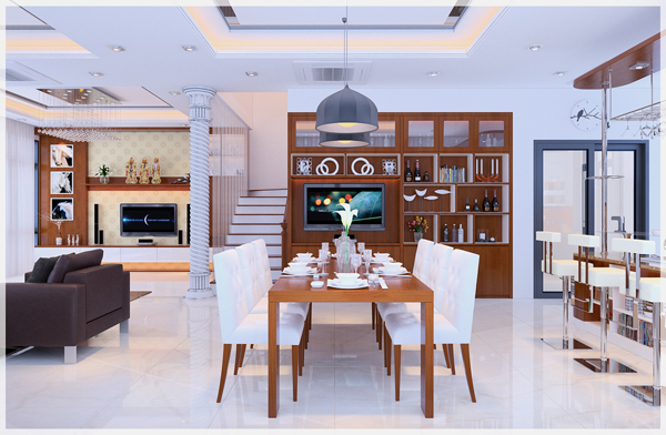 H&igrave;nh ảnh to&agrave;n cảnh ph&ograve;ng ăn biệt thự 3 tầng với b&agrave;n ghế gỗ, đ&egrave;n trang tr&iacute;, đối diện l&agrave; tủ rượu