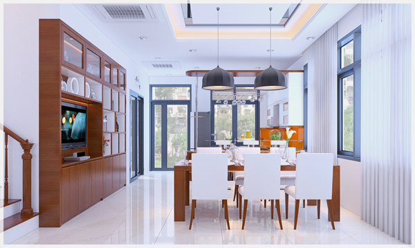H&igrave;nh ảnh mẫu ph&ograve;ng bếp kết hợp ph&ograve;ng ăn tho&aacute;ng s&aacute;ng trong biệt thự
