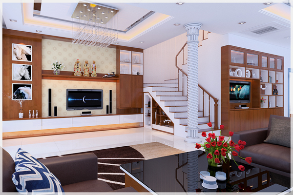 H&igrave;nh ảnh một g&oacute;c ph&ograve;ng kh&aacute;ch với sofa, b&agrave;n tr&agrave; k&iacute;nh, tủ kệ tivi bằng gỗ m&agrave;u n&acirc;u ấm &aacute;p