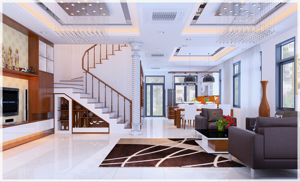 Kh&ocirc;ng gian ph&ograve;ng kh&aacute;ch biệt thự 3 tầng với sofa đen, thảm trải, tủ kệ tivi trang tr&iacute;