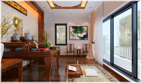 H&igrave;nh ảnh một g&oacute;c ph&ograve;ng thờ với nội thất gỗ chạm khắc tinh xảo, điểm nhấn l&agrave; tranh hoa sen treo tường
