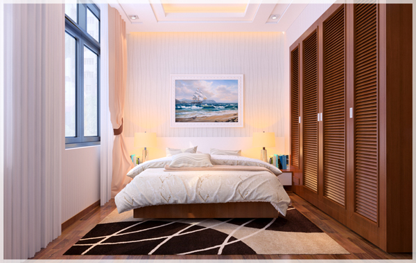 H&igrave;nh ảnh ph&ograve;ng ngủ con nổi bật với hệ tủ gỗ cao kịch trần, r&egrave;m cửa 2 lớp hồng, trắng, tranh treo đầu giường