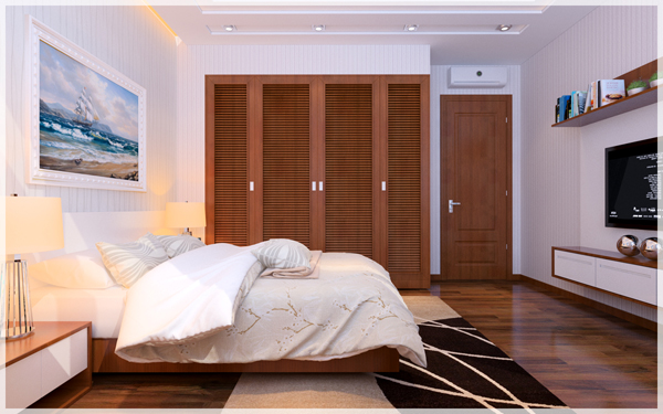H&igrave;nh ảnh một g&oacute;c ph&ograve;ng ngủ của con với giường ngủ lớn, tủ gỗ đối diện, 