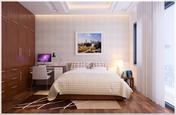 H&igrave;nh ảnh ph&ograve;ng ngủ hiện đại t&iacute;ch hợp g&oacute;c l&agrave;m việc cạnh đầu giường, tủ quần &aacute;o gỗ cao kịch trần, tranh tường trang tr&iacute;