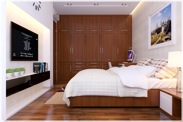 H&igrave;nh ảnh to&agrave;n cảnh ph&ograve;ng ngủ nh&igrave;n từ cửa v&agrave;o với giường nệm, tủ quần &aacute;o, kệ tivi tiện nghi