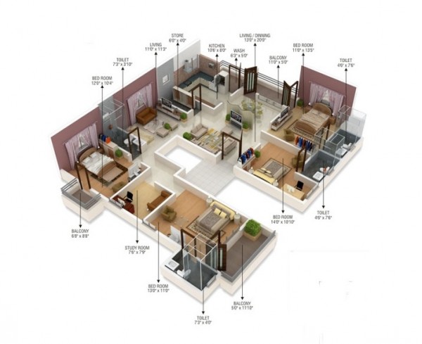 H&igrave;nh ảnh phối cảnh 3D thiết kế nội thất căn hộ 4 ph&ograve;ng ngủ phong c&aacute;ch hiện đại