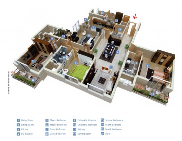 H&igrave;nh ảnh phối cảnh 3D căn hộ 4 ph&ograve;ng ngủ hiện đại, trong đ&oacute; 2 ph&ograve;ng c&oacute; cửa mở ra ban c&ocirc;ng