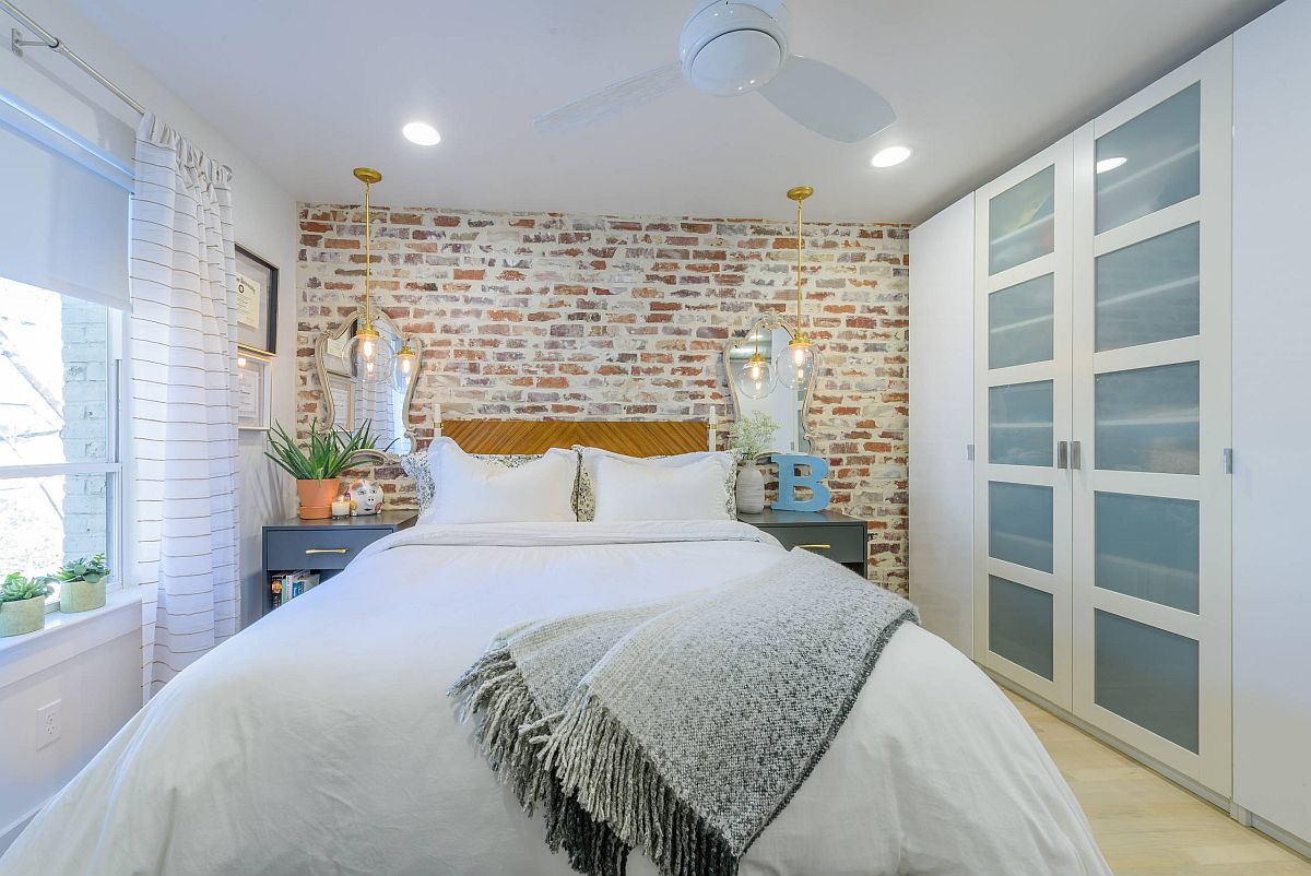 H&igrave;nh ảnh ph&ograve;ng ngủ ấn tượng với bức tường gạch đầu giường