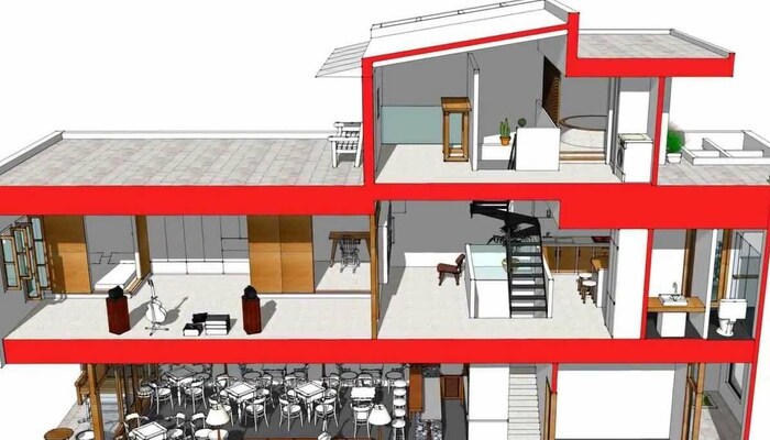 mặt cắt nh&agrave; 2 tầng c&oacute; tầng tum