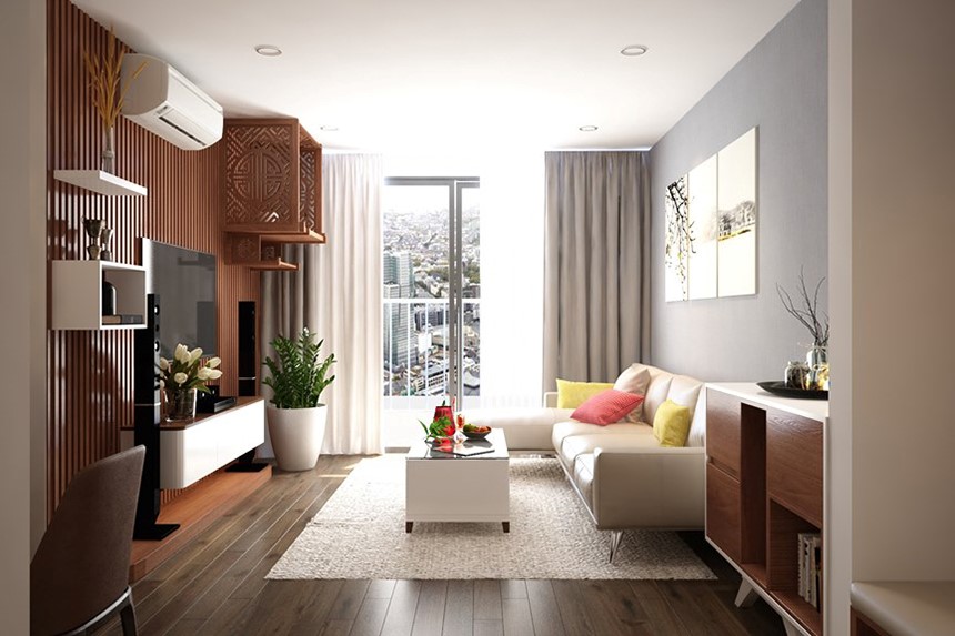 H&igrave;nh ảnh mẫu thiết kế ph&ograve;ng kh&aacute;ch nh&agrave; ống kết hợp g&oacute;c thờ c&uacute;ng tho&aacute;ng đẹp với sofa m&agrave;u trắng, tủ kệ tivi bằng gỗ, g&oacute;c thờ c&uacute;ng nghi&ecirc;m trang