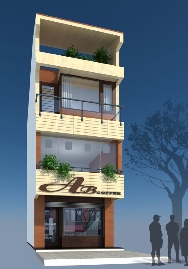 Hình ảnh phối cảnh 3D kiến trúc nhà ống 4 tầng kết hợp kinh doanh cà phê - góc 1