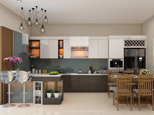 H&igrave;nh ảnh to&agrave;n cảnh ph&ograve;ng bếp ăn t&iacute;ch hợp trong nh&agrave; ống 3 tầng