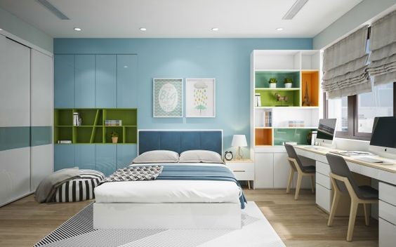 H&igrave;nh ảnh mẫu thiết kế ph&ograve;ng ngủ d&agrave;nh cho hai b&eacute; trai với giường tủ m&agrave;u xanh trắng được đ&oacute;ng sẵn, g&oacute;c học tập tiện nghi đặt cạnh cửa sổ k&iacute;nh