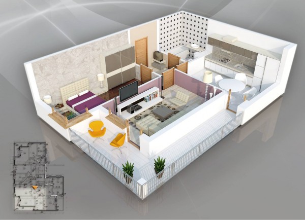 H&igrave;nh ảnh phối cảnh 3D mẫu thiết kế nội thất căn hộ 1 ph&ograve;ng ngủ ấn tượng với những bức tường họa tiết bắt mắt v&agrave; kh&ocirc;ng gian thư gi&atilde;n tho&aacute;ng đ&atilde;ng ngo&agrave;i ban c&ocirc;ng.