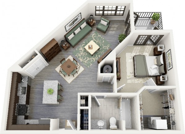 H&igrave;nh ảnh phối cảnh 3D mẫu thiết kế nội thất căn hộ 1 ph&ograve;ng ngủ với h&igrave;nh d&aacute;ng đặc biệt