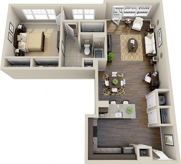 H&igrave;nh ảnh 3D thiết kế nội thất căn hộ 1 ph&ograve;ng ngủ tho&aacute;ng đẹp với bếp, bar ăn s&aacute;ng rộng r&atilde;i