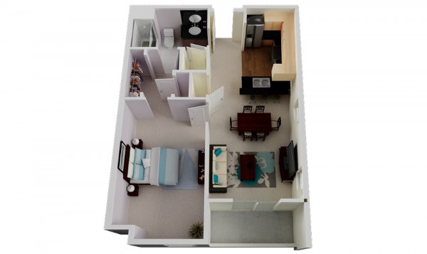 Phối cảnh 3D căn hộ 1 ph&ograve;ng ngủ t&iacute;ch hợp ph&ograve;ng thay đồ
