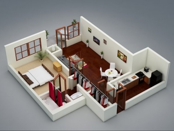 H&igrave;nh ảnh mẫu căn hộ 1 ph&ograve;ng ngủ hiện đại với s&agrave;n ph&ograve;ng kh&aacute;ch, bếp ăn l&aacute;t gỗ sẫm m&agrave;u ph&acirc;n t&aacute;ch với ph&ograve;ng ngủ c&oacute; wc kh&eacute;p k&iacute;n