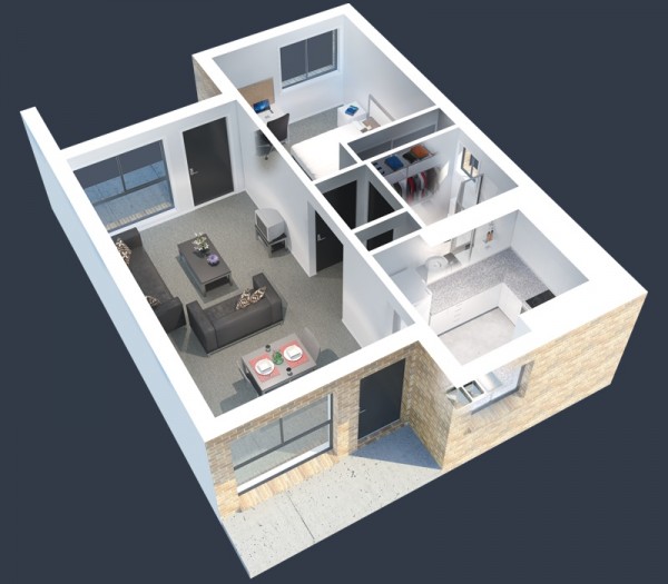 H&igrave;nh ảnh phối cảnh 3D căn hộ 1 ph&ograve;ng ngủ phong c&aacute;ch tối giản, m&agrave;u trung t&iacute;nh chủ đạo