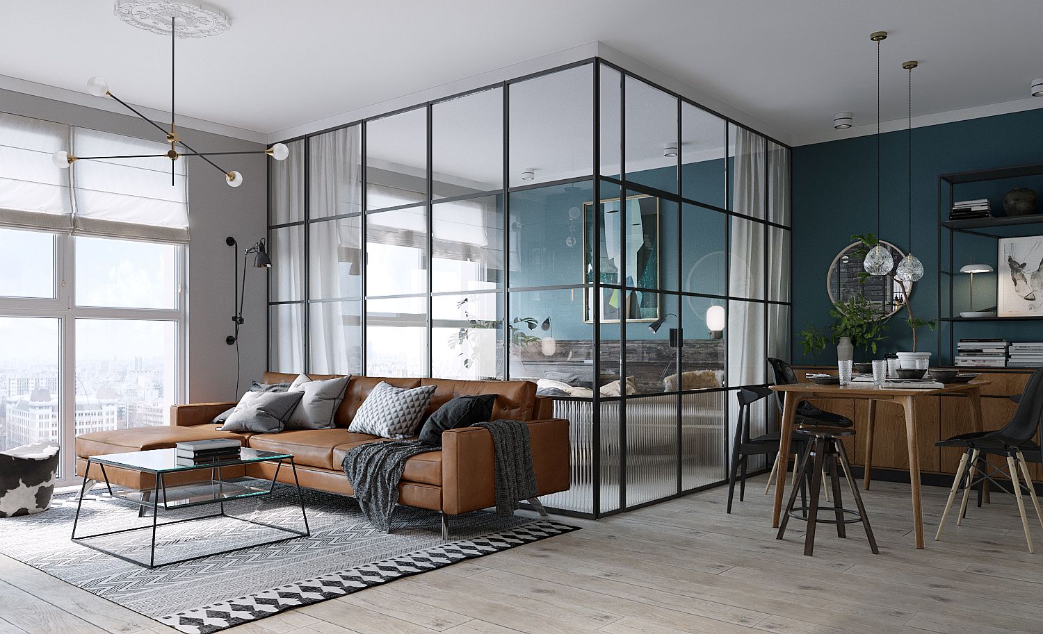 H&igrave;nh ảnh to&agrave;n cảnh kh&ocirc;ng gian sinh hoạt chung trong căn hộ 45m2 ở Kiev với bộ sofa m&agrave;u n&acirc;u ấm &aacute;p, bếp ăn tiện nghi v&agrave; ph&ograve;ng ngủ k&iacute;nh độc đ&aacute;o