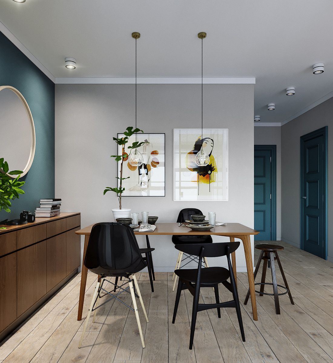 H&igrave;nh ảnh ph&ograve;ng ăn nhỏ xinh với b&agrave;n ghế d&agrave;nh cho 4 người, tranh treo tường, c&acirc;y xanh tạo điểm nhấn