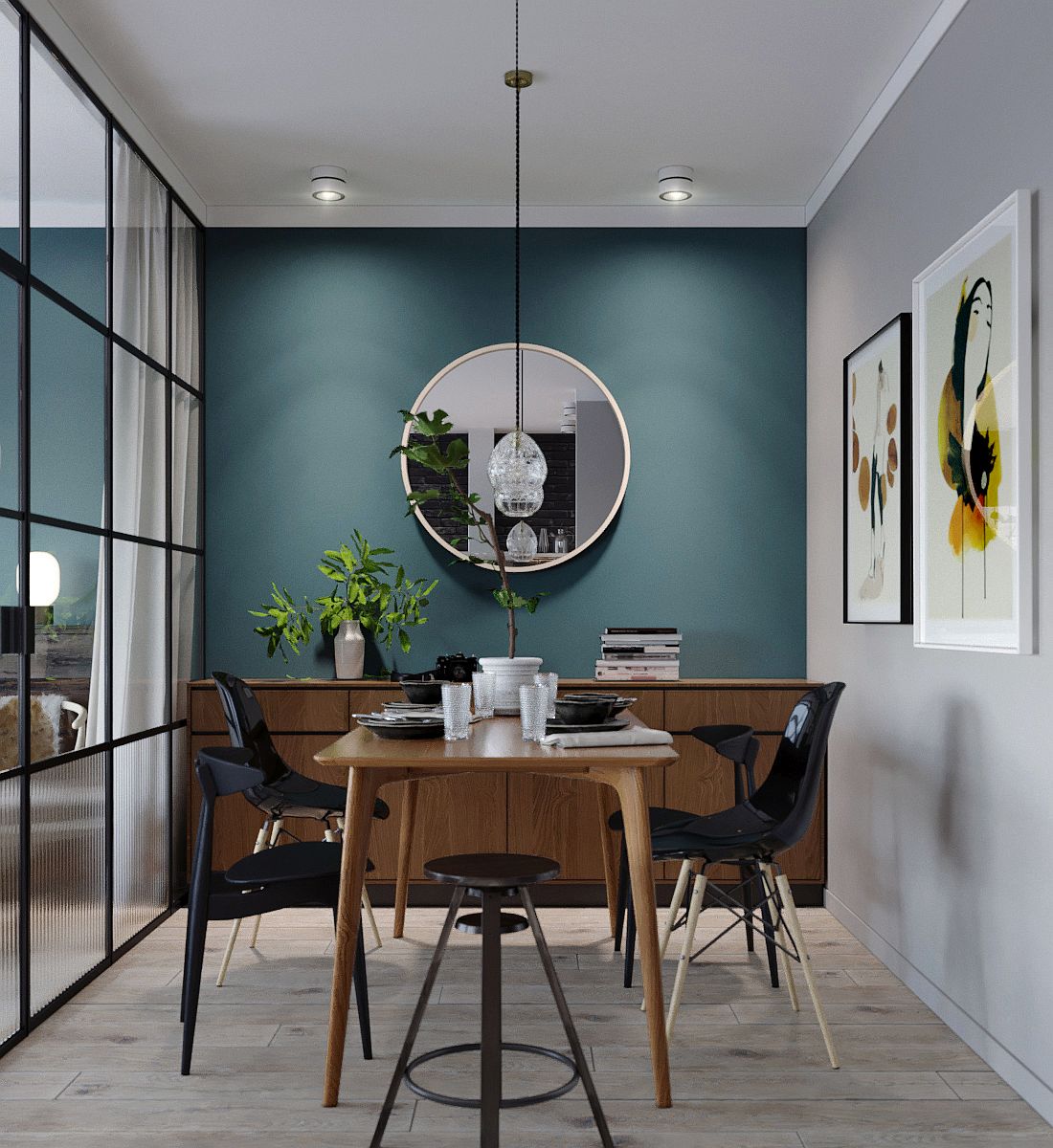 H&igrave;nh ảnh to&agrave;n cảnh ph&ograve;ng ăn xinh xắn trong căn hộ 45m2 với gương tr&ograve;n trang tr&iacute;, đ&egrave;n thả mặt d&acirc;y chuyền, tranh tường, c&acirc;y xanh