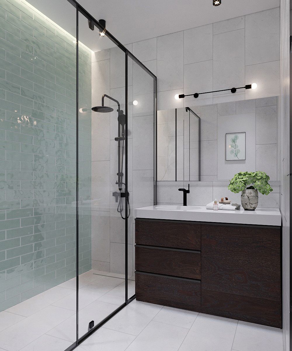 H&igrave;nh ảnh ph&ograve;ng tắm gọn đẹp trong căn hộ 45m2 với tủ gỗ sẫm m&agrave;u dưới bồn rửa