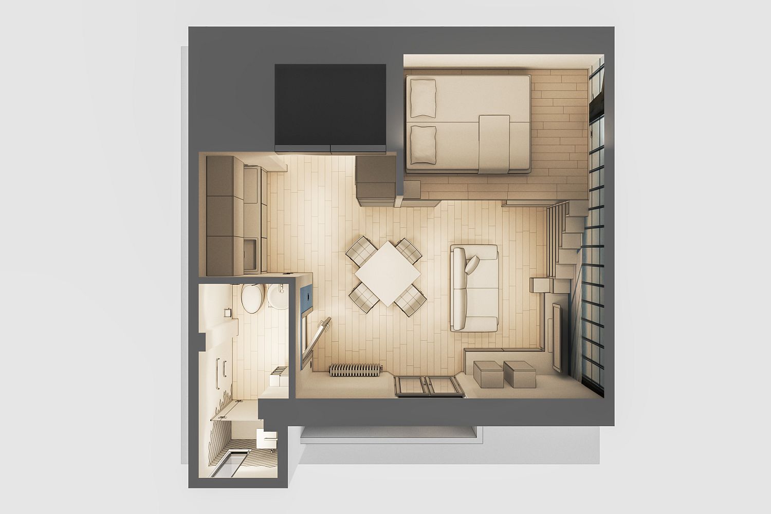 H&igrave;nh ảnh phối cảnh 3D thiết kế nội thất căn hộ 29m2