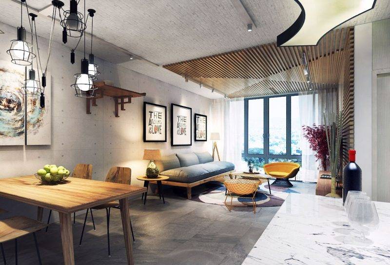 Hình ảnh phòng khách với bàn ghế gỗ mộc mạc, đèn trang trí độc đáo, cạnh đó là phòng khách