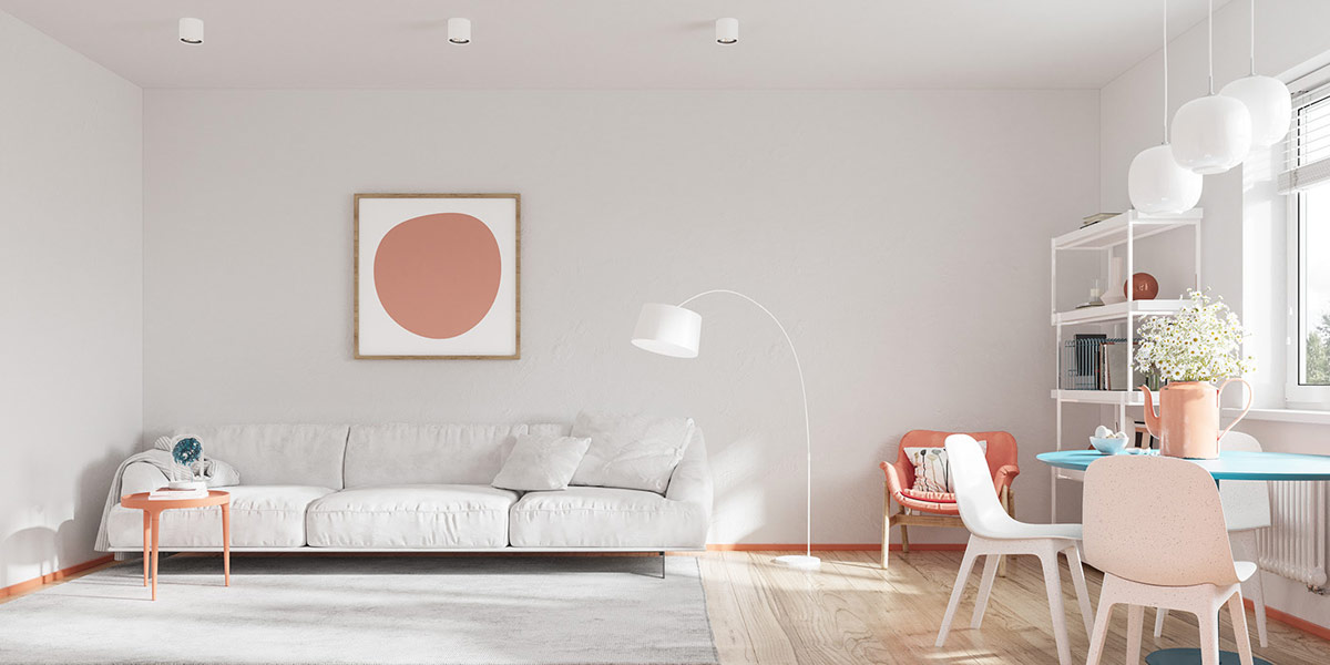 H&igrave;nh ảnh ph&ograve;ng kh&aacute;ch căn hộ 25m2 với sofa trắng x&aacute;m, b&agrave;n tr&agrave; m&agrave;u hồng đất, cạnh đ&oacute; l&agrave; ph&ograve;ng ăn